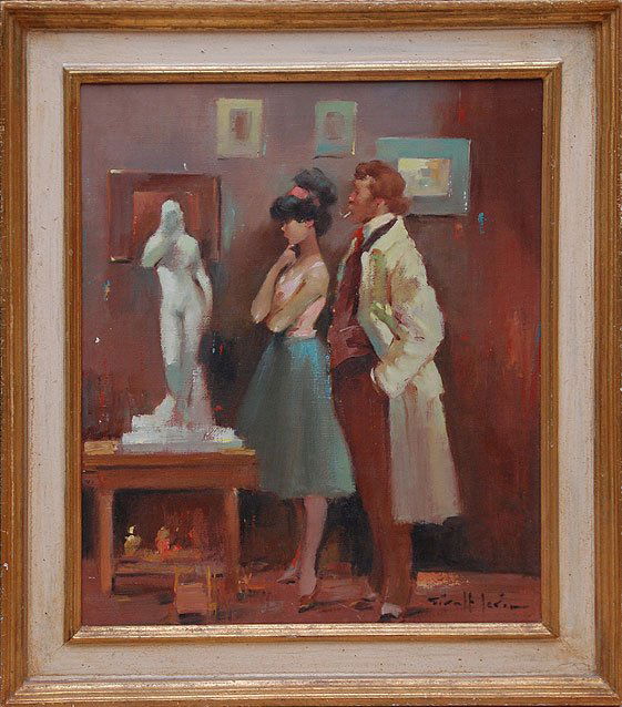 Juan Giralt Lerin (SPANISH, 1907) oil on canvas, a: Juan Giralt Lerin (SPANISH, 1907) oil on canvas, artist with model, 15" x 18"