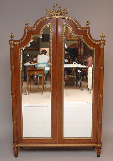 French wardrobe with beveled mirrored doors and me: French wardrobe with beveled mirrored doors and metal accoutrements