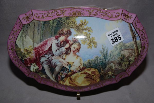 Hinged porcelain unmarked box with domed top decor: Hinged porcelain unmarked box with domed top decorated with romantic figural scene, inside painted with flowers, 11"L x 4"h x 6 1/2"w