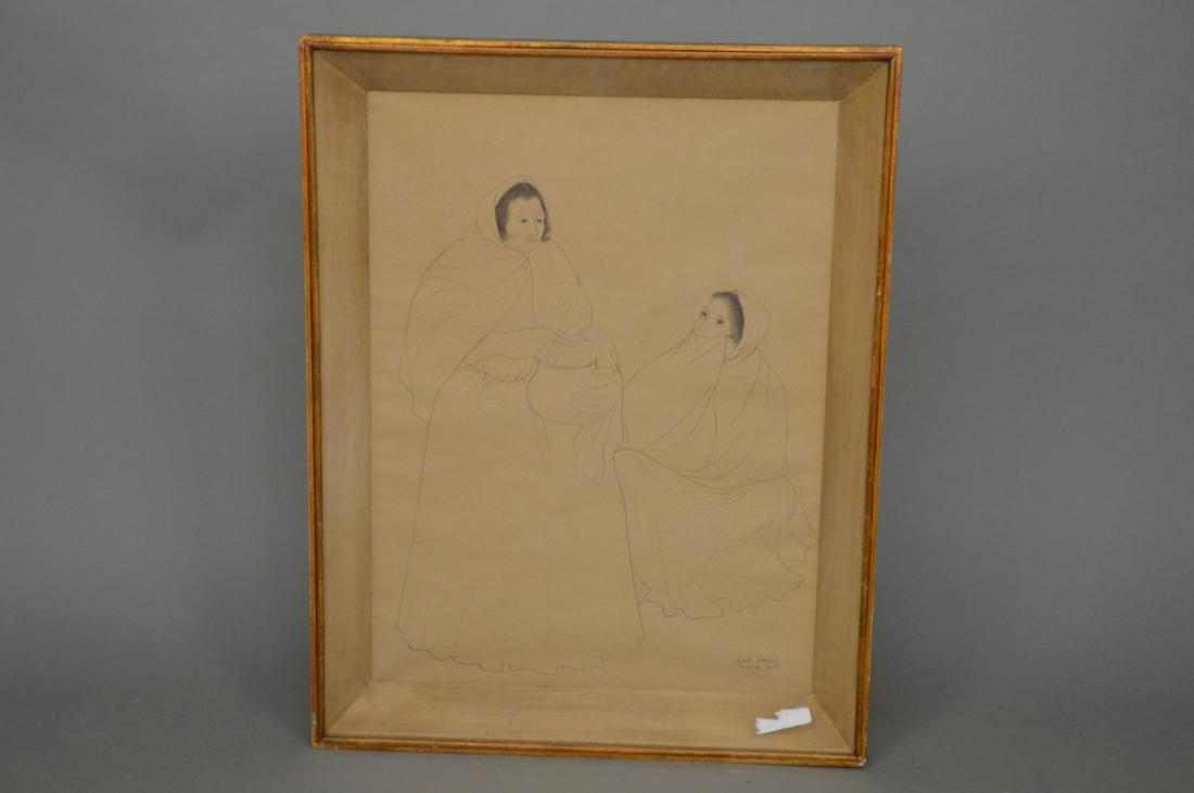 1950 Mexico signed illegibly, pencil drawing two woman, (1 of 6)