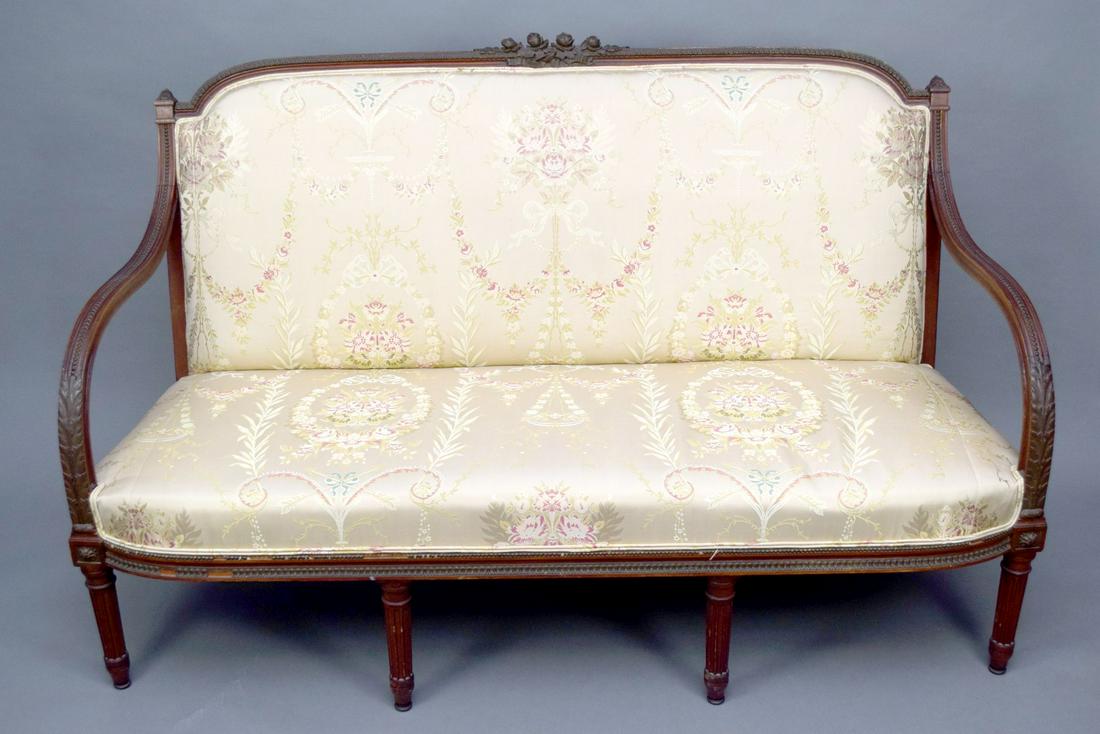Walnut Settee with rosettes at Crest Scalamandre fabric (1 of 10)