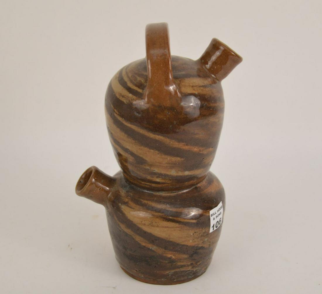 Pottery Unusual Handled Red Ware Jug, 2 Tone Brown & (1 of 4)