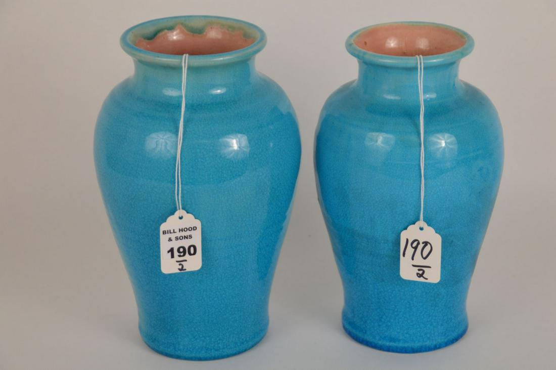 TWO PISGAH FOREST POTTERY TURQUOISE VASES - 20th: TWO PISGAH FOREST POTTERY TURQUOISE VASES - 20th century American art pottery. Turquoise crackle glaze with pink interior. Impressed studio mark on bottom and date of 1938. Dimensions: one is 8 3/4”