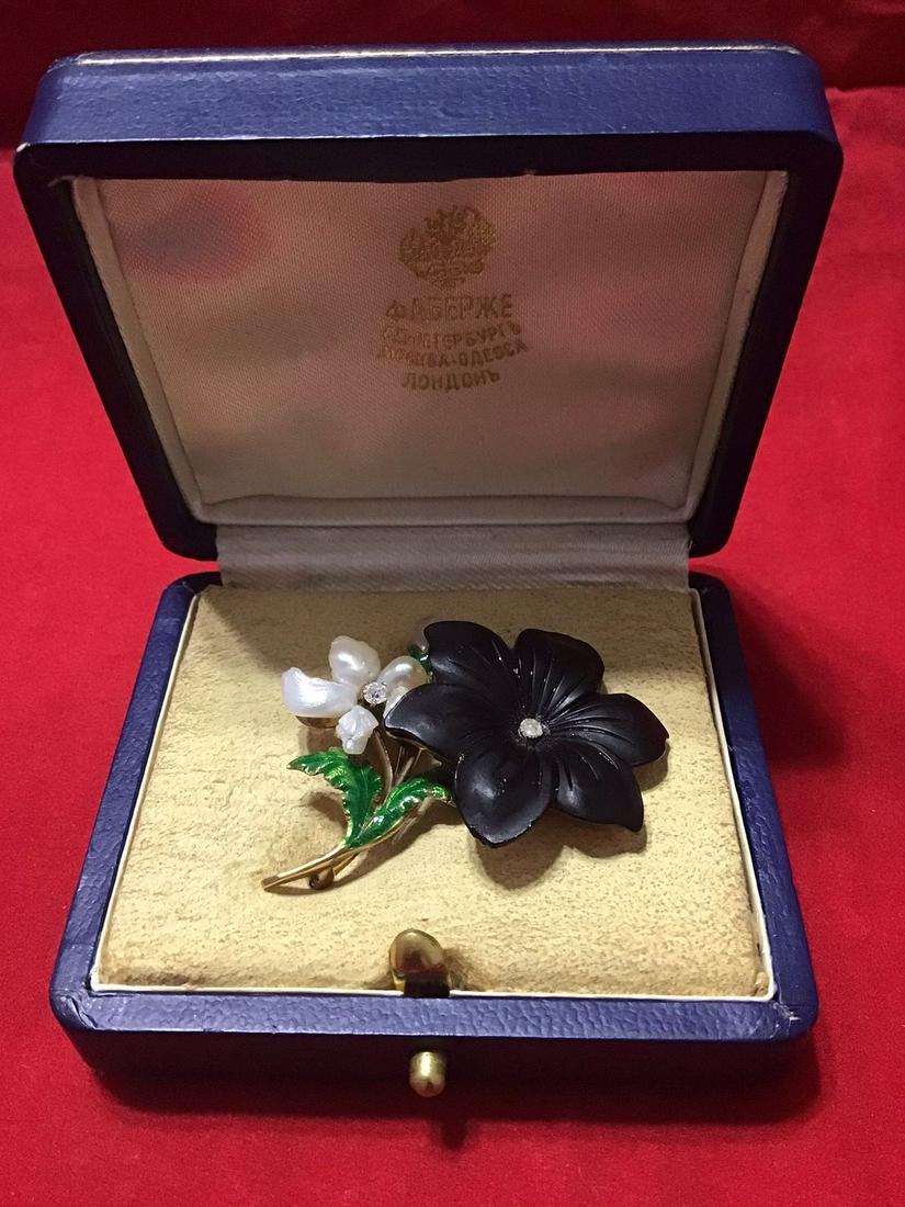 Russian Empire gold diamond flower Perl onyx brooch (1 of 8)