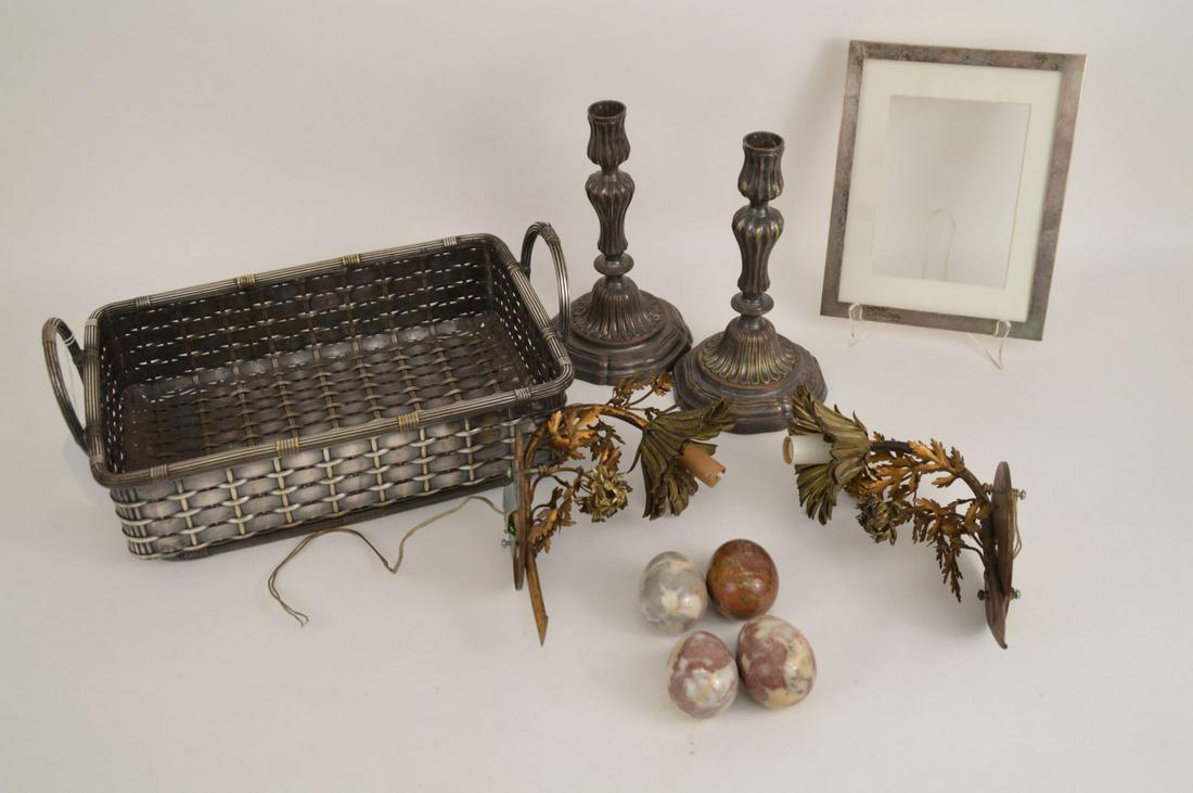 Silver Metal Woven Basket, Pair Brass Floral Design (1 of 9)