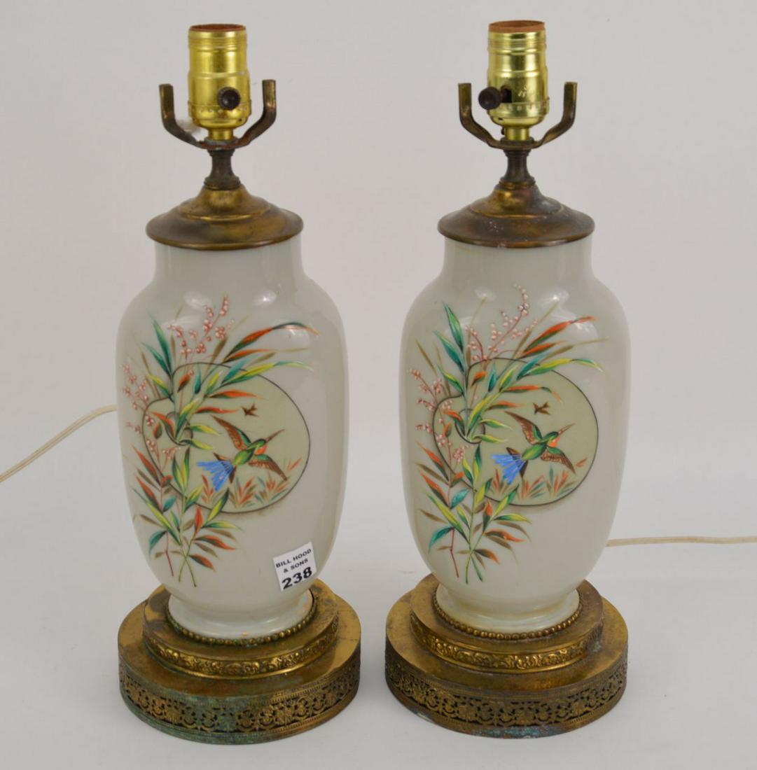 Pair Bristol Glass Lamps with Blue Birds on Brass (1 of 7)