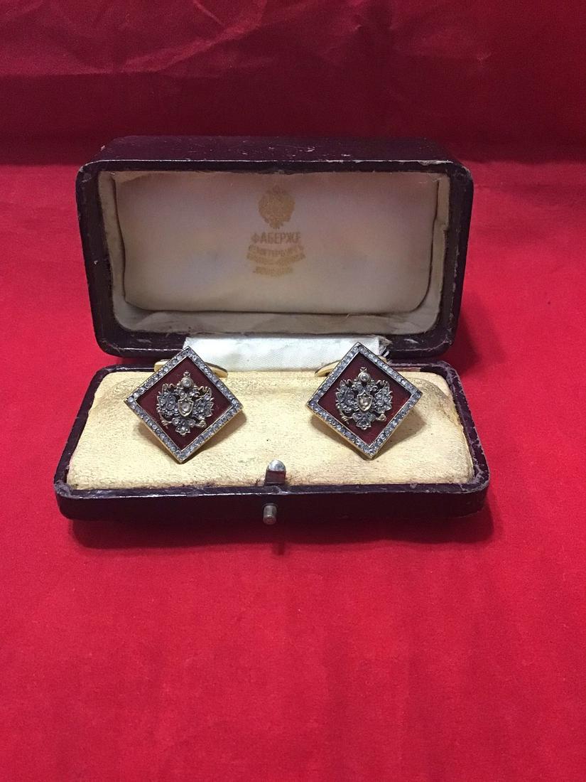 Russian silver enamel rose cut diamond cufflinks (1 of 7)