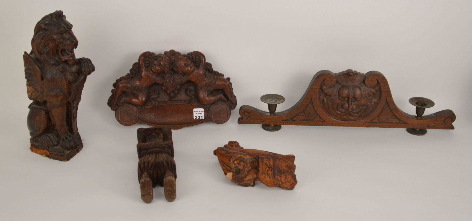 5 ANTIQUE WOOD CARVINGS, CONTINENTAL PUTTI INKWELL, (1 of 6)