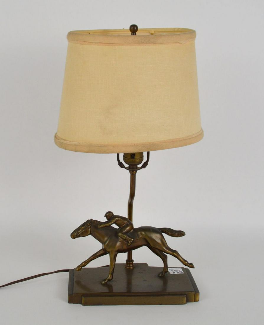 FRANKART RACEHORSE WITH JOCKEY LAMP 6 INCHES TALL X 9: FRANKART RACEHORSE WITH JOCKEY LAMP 6 INCHES TALL X 9 INCHES WIDE. OVERALL 17 WITH SHADE