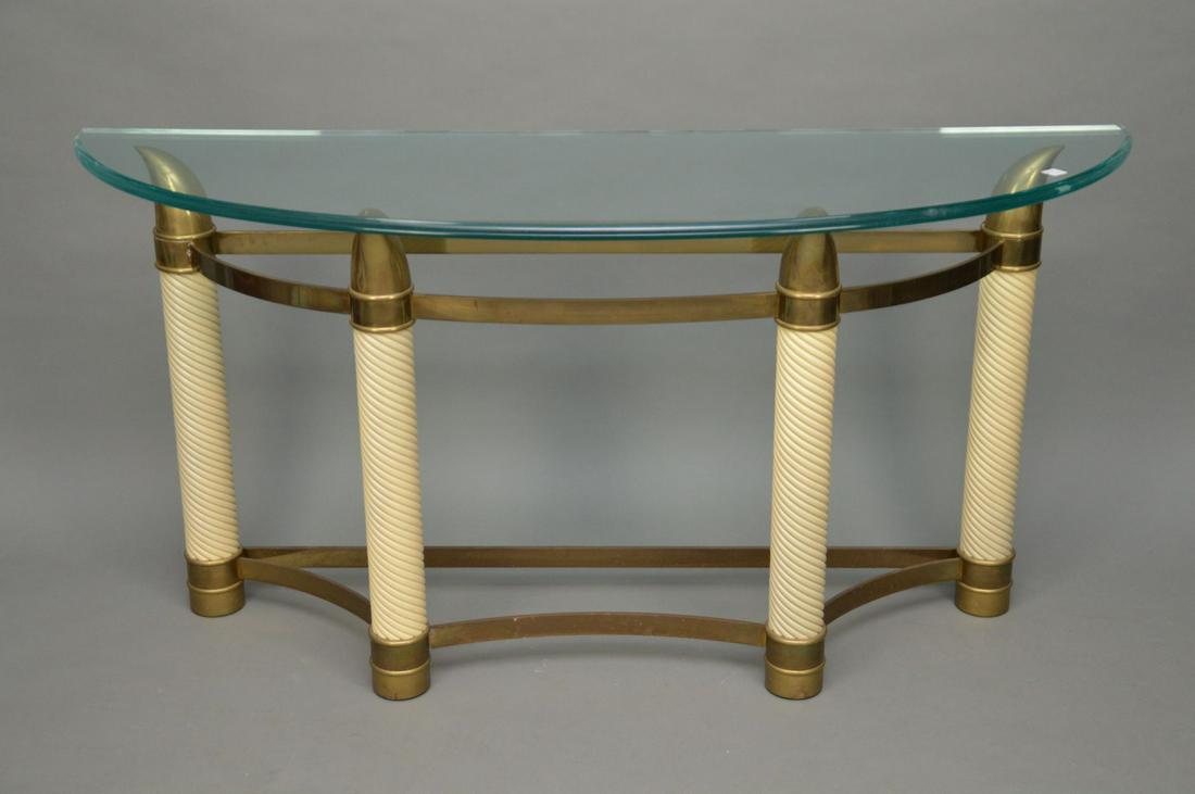 Demi-Lune Console with Glass Top On Brass & Spiral: Demi-Lune Console with Glass Top On Brass & Spiral Mounted Base