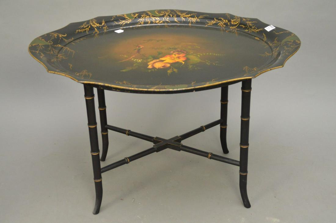 Antique Painted Floral Metal Tray and Stand, 20 in.: Antique Painted Floral Metal Tray with Custom Stand, 20"h x 30"w