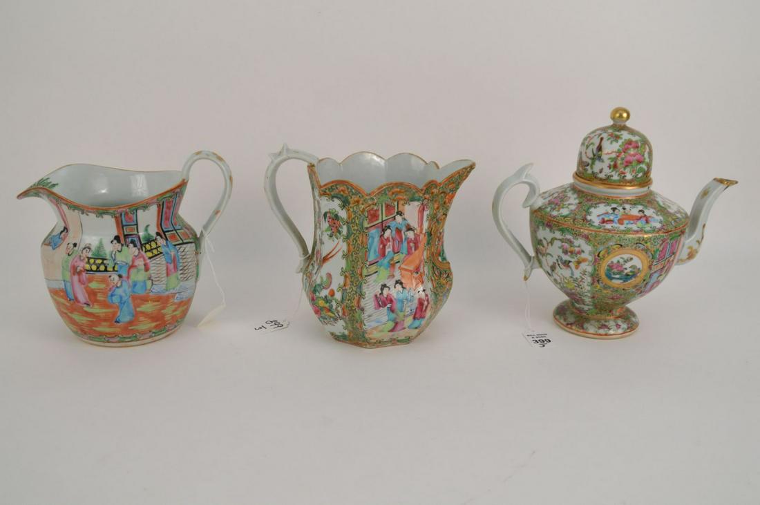 THREE CHINESE FAMILLE ROSE MEDALLION PORCELAIN PITCHERS (1 of 10)