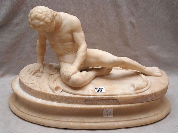 Antique classical Nude sculpture of a male: Antique classical alabaster Nude sculpture of a male, on separate base 2 piece, figure is 16"L x 9"h x 8"w