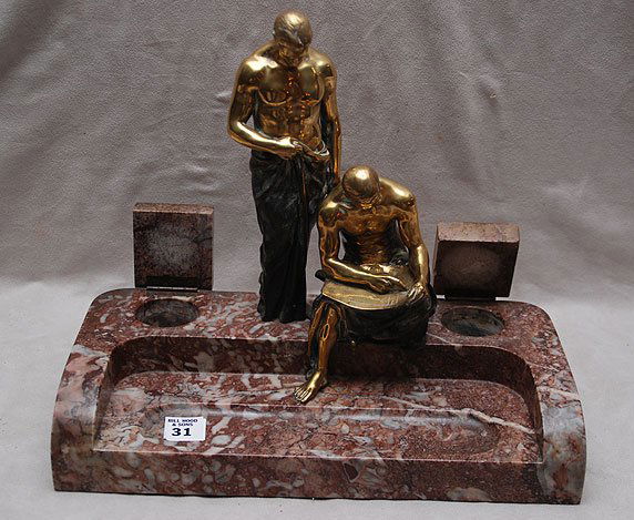 Marble & bronze figural inkwell by G. Schliepstein: Gerhard Schliepstein (GERMAN, 1886-1963) Marble & gilt bronze double figural inkwell / desk accessory, 13"L x 11"h x 6"w