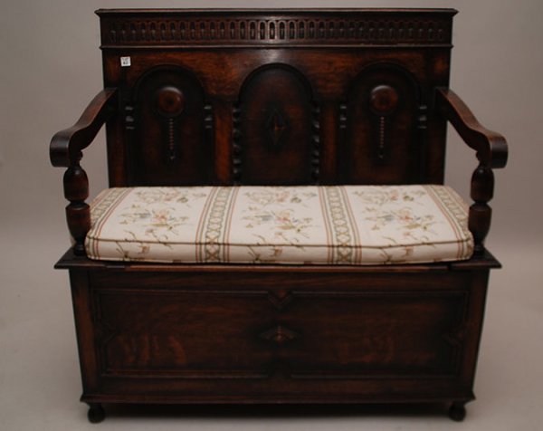 Oak hall bench with hinged seat and storage beneath: Oak hall bench with hinged seat and storage beneath