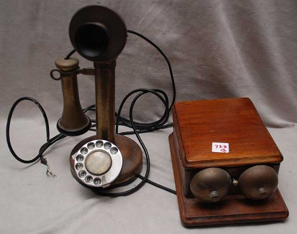 Old stick brass telephone with ring box : Old brass GE stick telephone with Spanish writing sold with wood ring box "Telefonos Del Estado" phone is 12"h