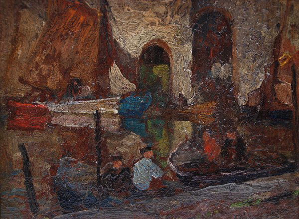 Anthony Thieme AMERICAN oil Painting Harbor Scene: Anthony Thieme (AMERICAN, 1888-1954) oil on board, New England Dock Scene, some restoration, 8" x 10". Provenance; from artist with letter from wife. condition report: 104b Thieme is not in such good