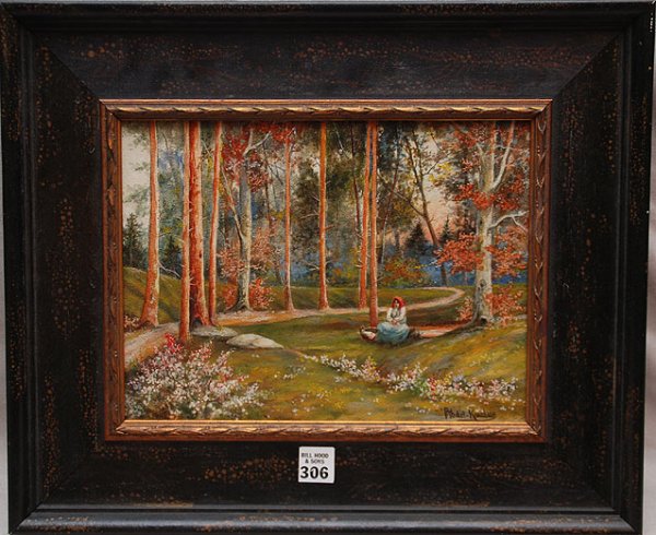 Abdel Kader Arnaout SYRIAN oil Painting: Abdel Kader Arnaout (SYRIAN, 1936-1992) oil on board, picnic in the forest, 9" x 12"