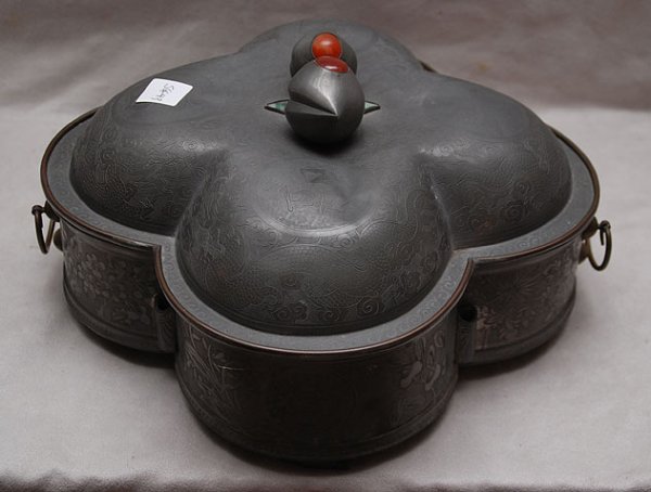 Antique Chinese pewter & carnelian server with li: Antique Chinese pewter & carnelian server with lid, one liner missing