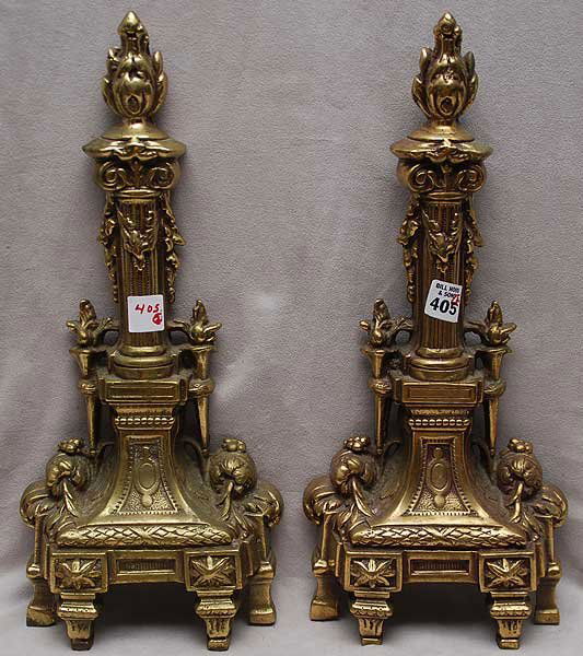 Pair of iron 4 footed andirons gold finish, 17"h: Pair of iron 4 footed andirons gold finish, 17"h