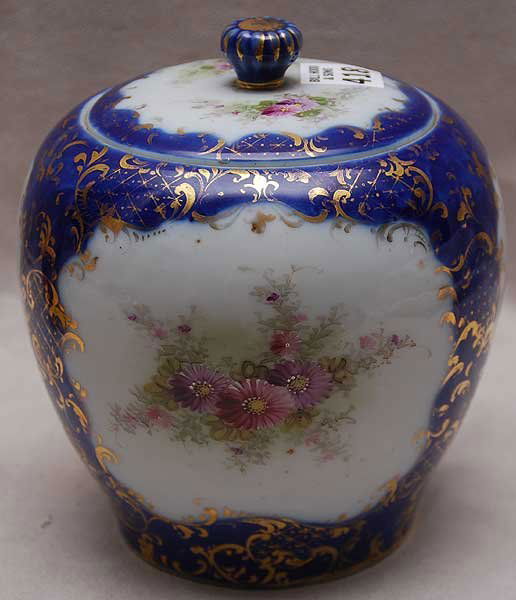 Porcelain biscuit jar, medieval scene and 2 floral: Porcelain biscuit jar, medieval scene and 2 floral scenes on sides, 7"h x 6"l