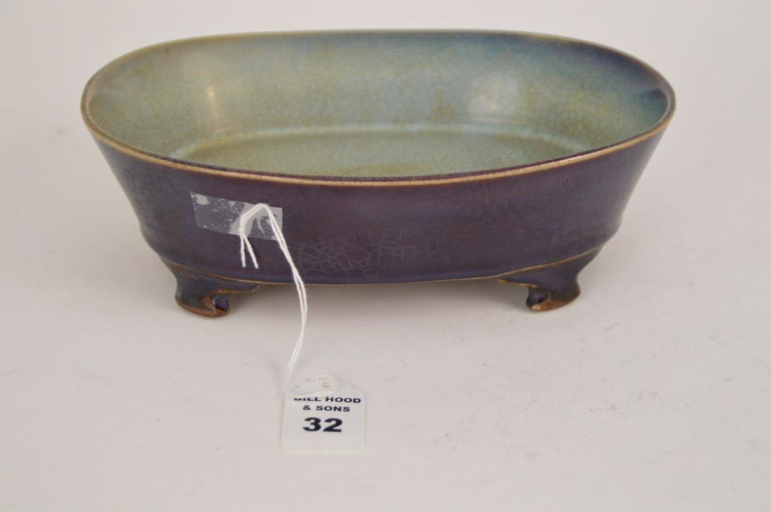 CHINESE PORCELAIN JUN-WAREW BRUSH WASH. Condition: no: CHINESE PORCELAIN JUN-WAREW BRUSH WASH. Condition: no damage identified. Ht. 3 1/8" Length 9 3/8" Depth 6 7/8"