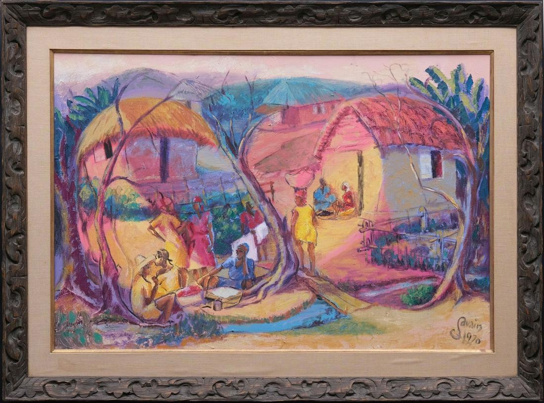 Savain Petion (Haiti 1906 - 1973) oil on canvas,: Savain Petion (Haiti 1906 - 1973) oil on canvas, Landscape- Village Scene, 24 x 36 inches, signed Savain and dated 1970. comes with Certificate of Appraisal $4200.
