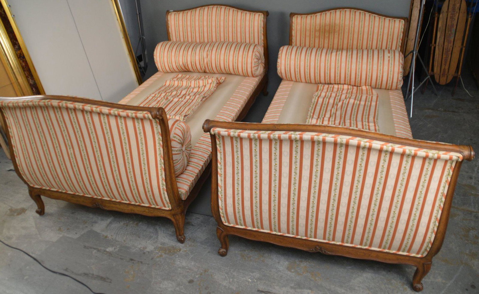 Pair French Beds with Stripe Upholstery, Headboards &: Pair French Beds with Stripe Upholstery, Headboards & Footboards
