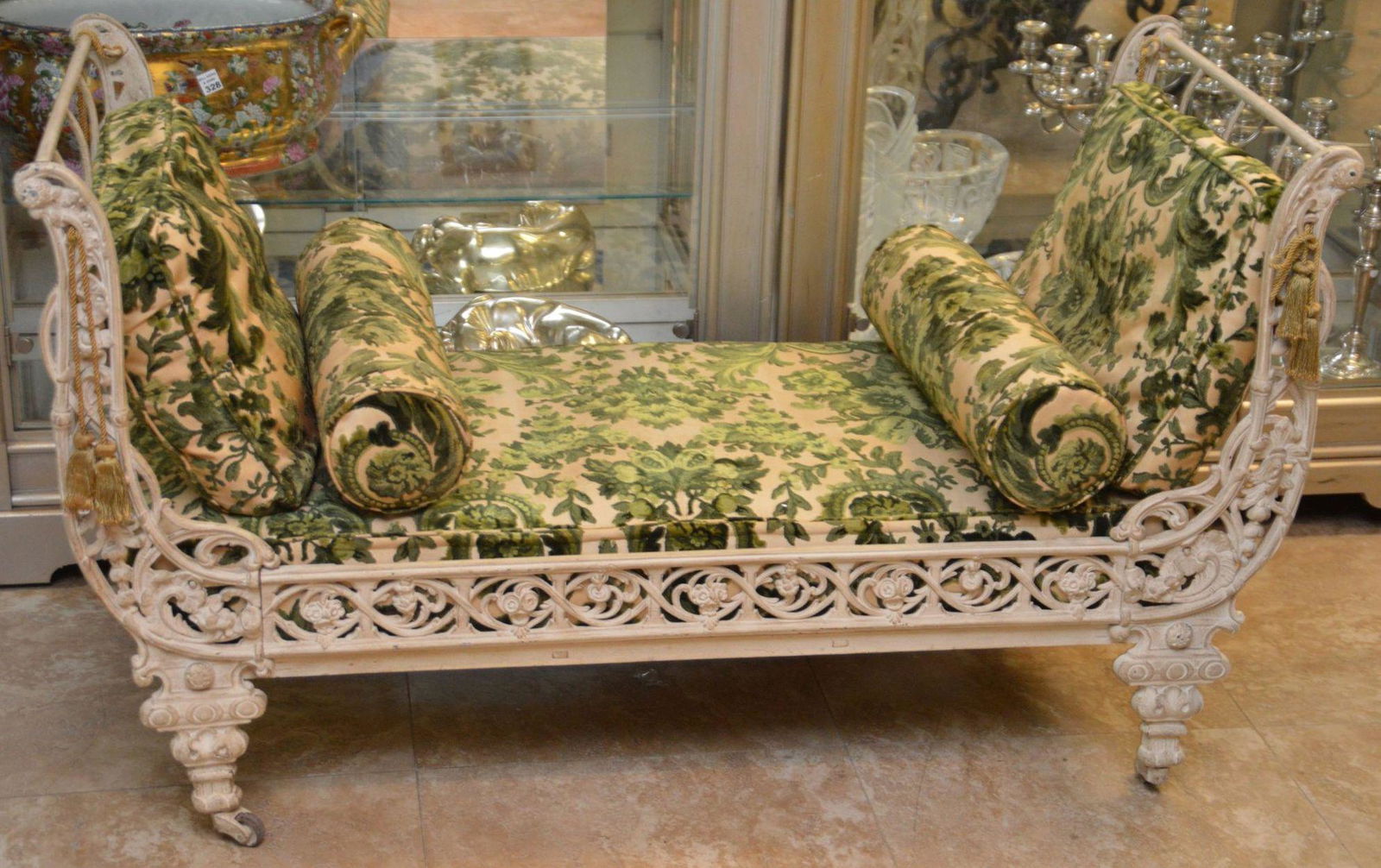 Small Victorian Bench on Wheels, Vintage Upholstery, (1 of 8)