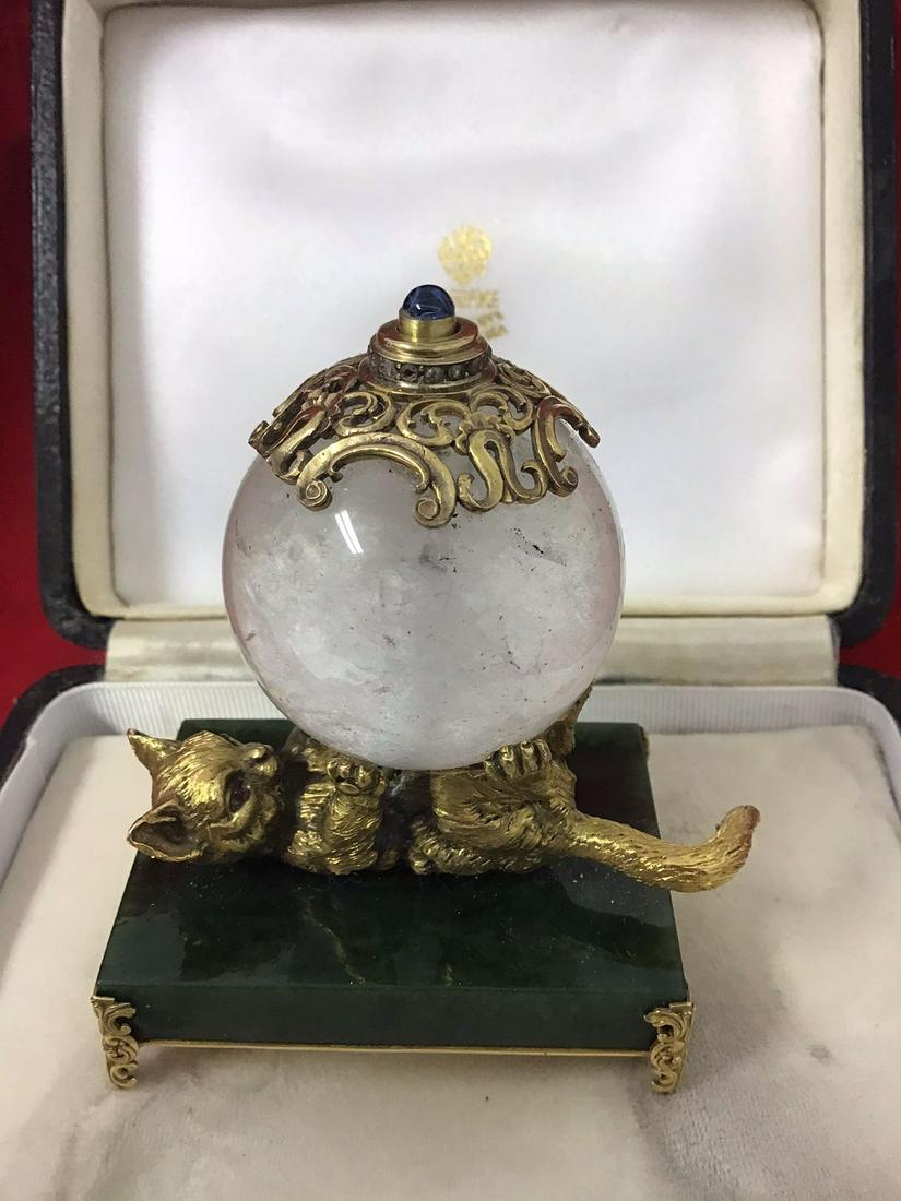 Russian antique silver rose cut diamond sapphire rock: Russian antique silver rose cut diamond sapphire rock crystal jade push bell, with the ruby in kitten eyes stamped 84 and I.P . 2,5” width , 3;5”