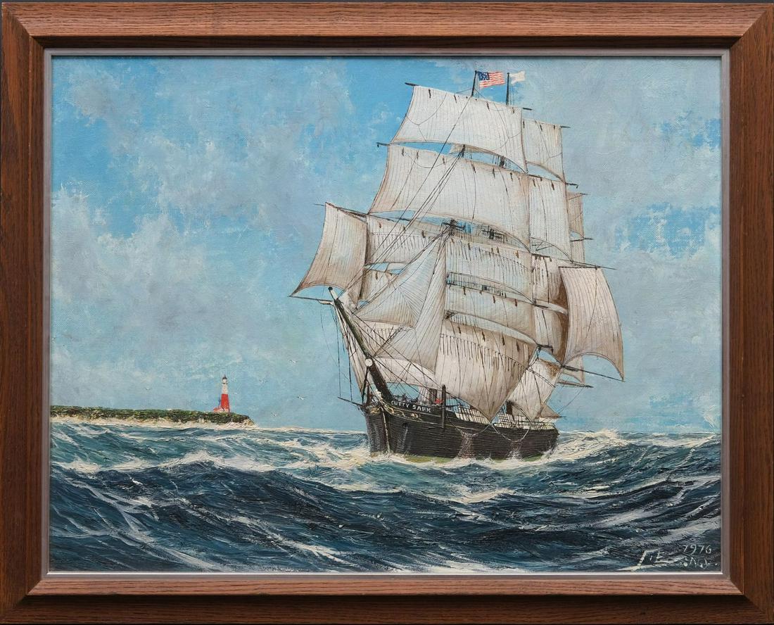 Robert Lie - aka - Robert Edmund Lee (NY 1899 - 1980): Robert Lie - aka - Robert Edmund Lee (NY 1899 - 1980) Cutty Sark , sailing off Montauk lighthouse, oil on canvas, signed and dated 1976 NY. 18 x 24 inches