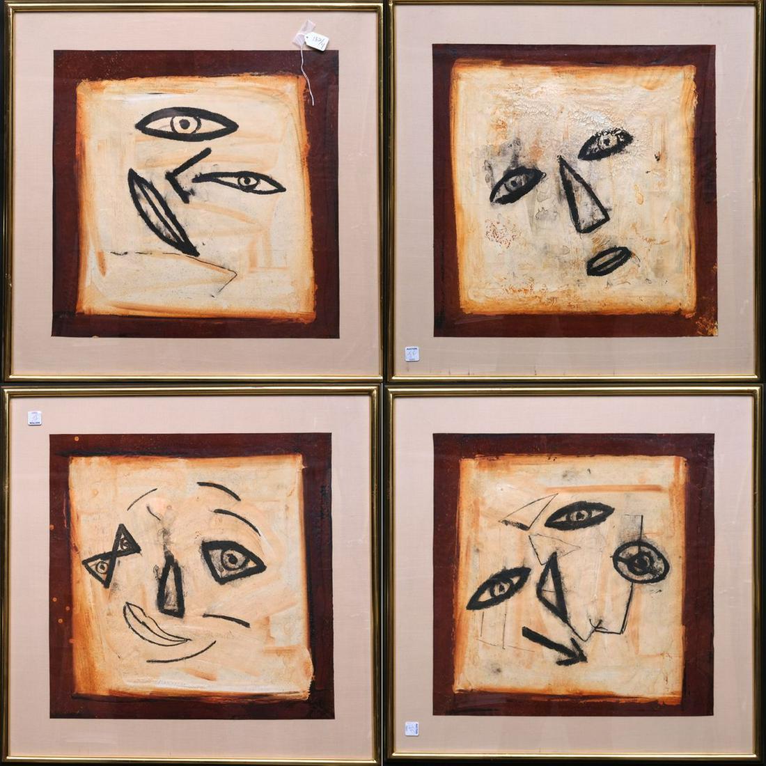 4 Original Paintings by Jamali (American, b.1944): 4 Original Paintings by Jamali (American, b.1944) Mystical Expressionism Face Paintings. Pigmentation on Cork, 28 x 28 inches in 22kt. Gold Leaf Gallery Frame. Comes w/ COA