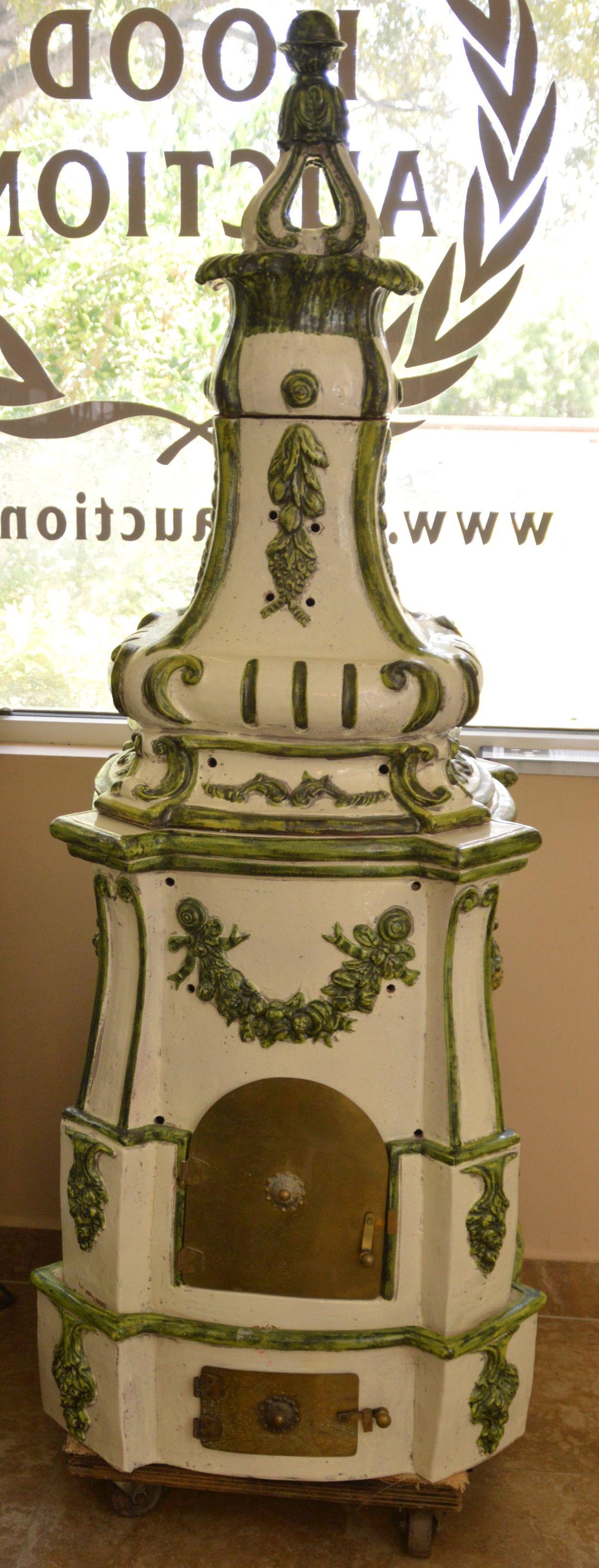 Antique French Terrracotta /Pfottery Stove, 19th c,: Antique French Terrracotta /Pfottery Stove, 19th c, White with Green Trim, 81"h x 25"w x 25"d