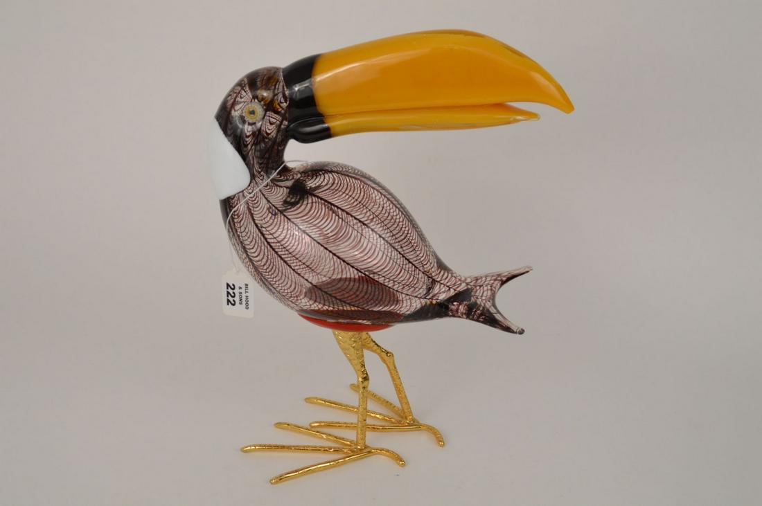 Murano Toucan with Yellow Beak on Gold Metal Legs, 14"h: Murano Toucan with Yellow Beak on Gold Metal Legs, 14"h x 11 1/2"w