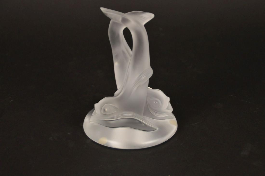 LALIQUE CRYSTAL DAUPHINS PERNES FIGURE - Lalique France: LALIQUE CRYSTAL DAUPHINS PERNES FIGURE - Lalique France frosted glass paperweight sculpture of twin dolphins. No. 11681. Signed on bottom. 5 1/2" H. Condition: Minor normal shelf wear. No cracks or ch