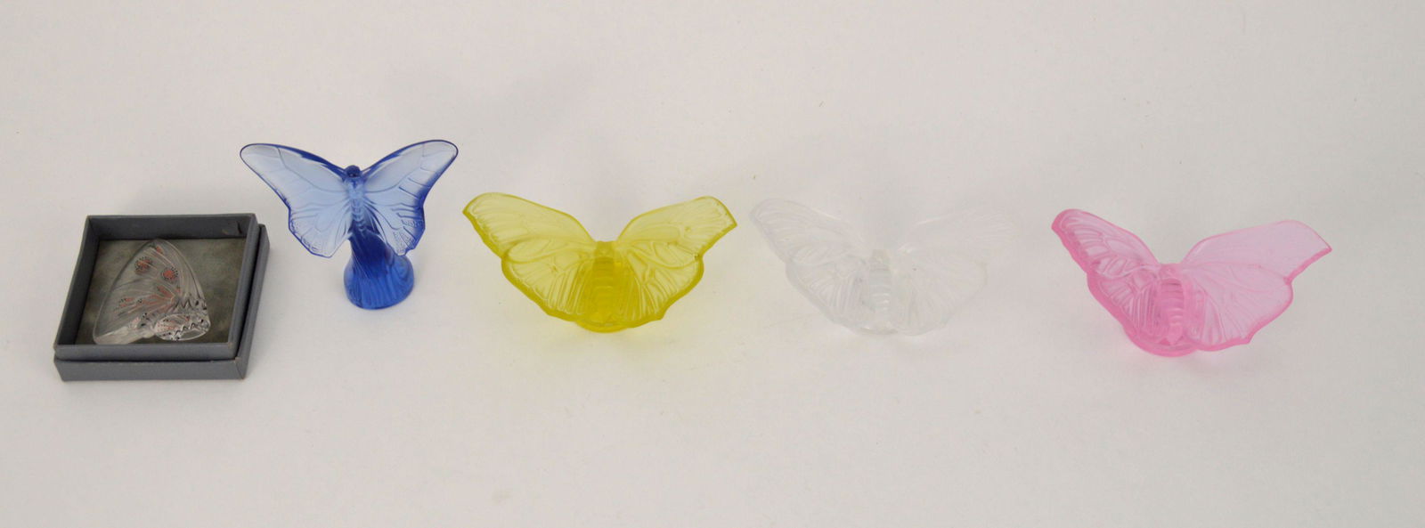 FIVE LALIQUE CRYSTAL BUTTERFLY PAPILLON FIGURES - (1 of 10)