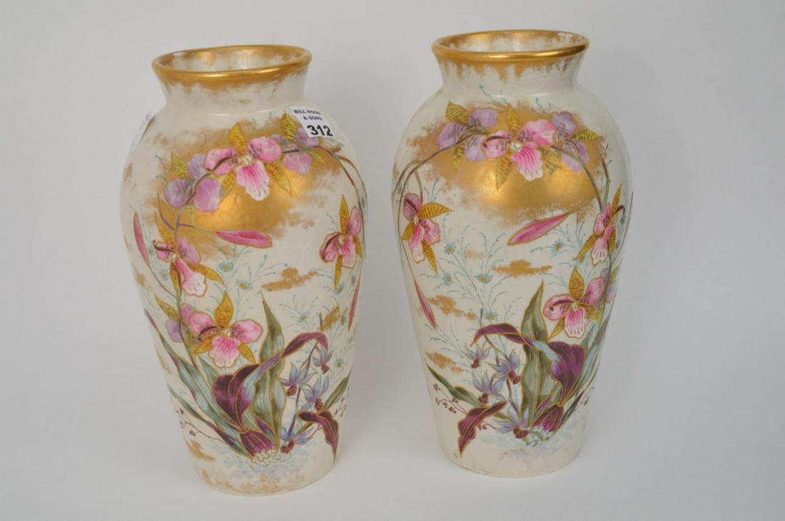 Pair Signed Bonn Ceramic Vases, Floral & Fauna, Pink & (1 of 8)