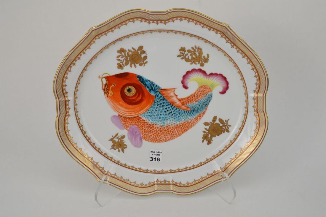 Mottahedeh Porcelain Platter with Gold Accents: Mottahedeh Porcelain Platter with Gold Accents Surrounding Multi Color Fish in Center, 14 1/2"h x 16"w