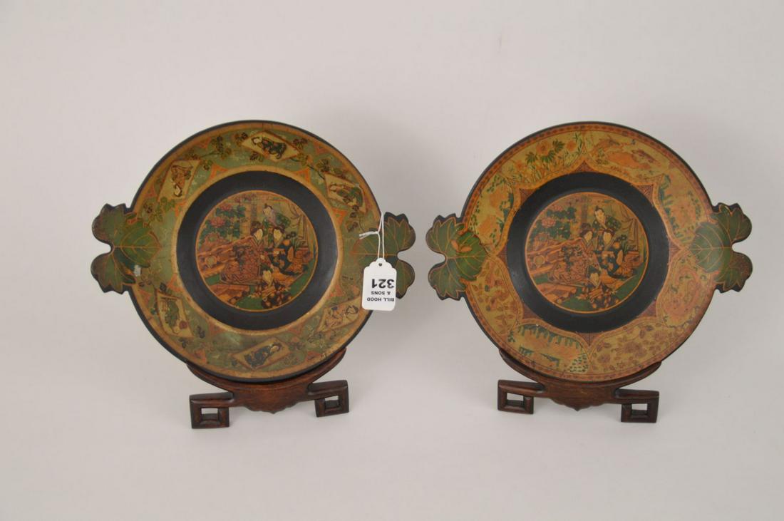 Pair Japanese Hand painted Lacquered Plates with Leaf (1 of 8)