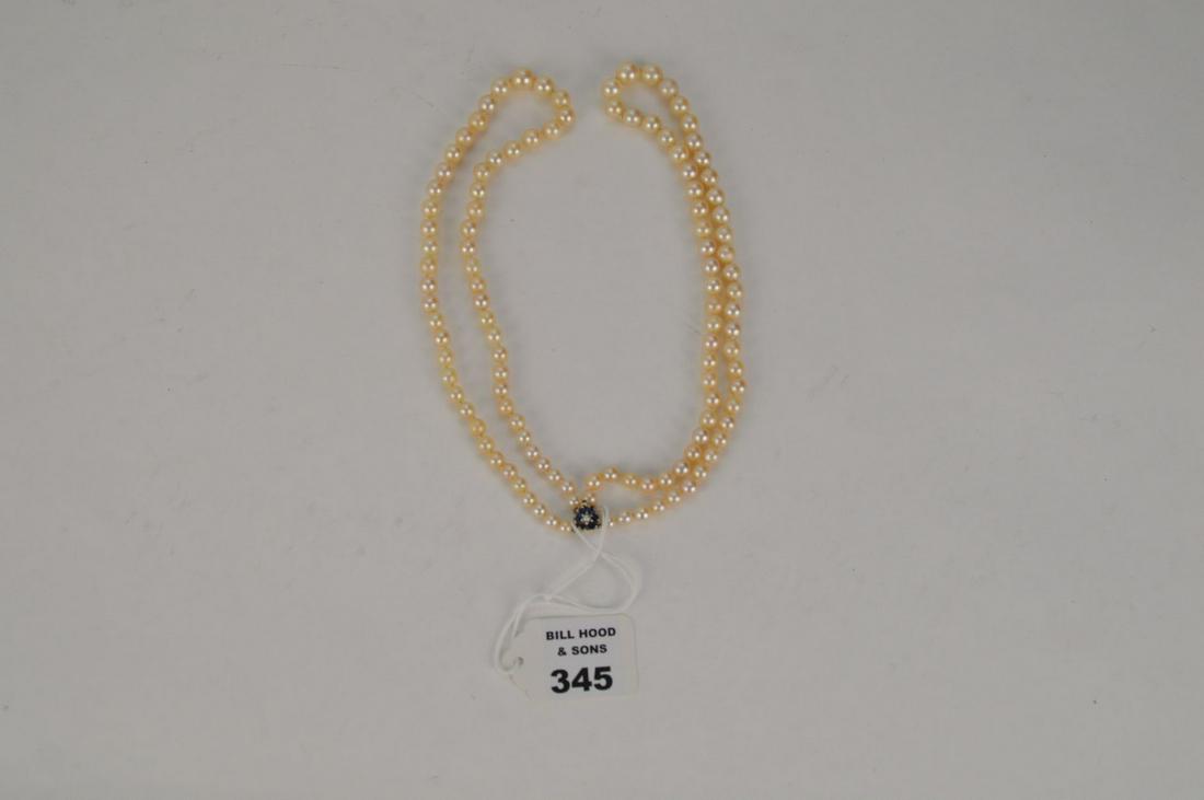 Double Strand Culture Pearl Necklace with 14k Yellow: Double Strand Culture Pearl Necklace with 14k Yellow Gold Sapphire Clasp. Length 17" in good condition