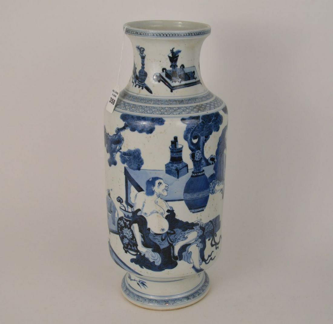 CHINESE BLUE & WHITE PORCELAIN PICTORIAL ROULEAU VASE -: CHINESE BLUE & WHITE PORCELAIN PICTORIAL ROULEAU VASE - Kangxi mark in blue underglaze on bottom. 16 1/8" H. Condition: Minor normal wear, come bottom wear, no cracks or chips. 18 1/2" H. Condition: M