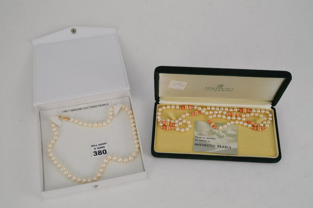 2 Cultured Pearl Necklaces with 14kt Yellow Gold: 2 Cultured Pearl Necklaces with 14kt Yellow Gold Clasps, One is Mikimoto Pearls Coral and 14k yellow gold 29" length. Culture pearls is 18"