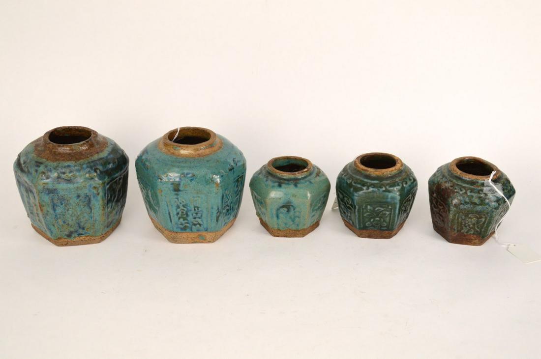 FIVE CHINESE QING TURQUOISE GLAZED POTTERY SHIWAN (1 of 12)