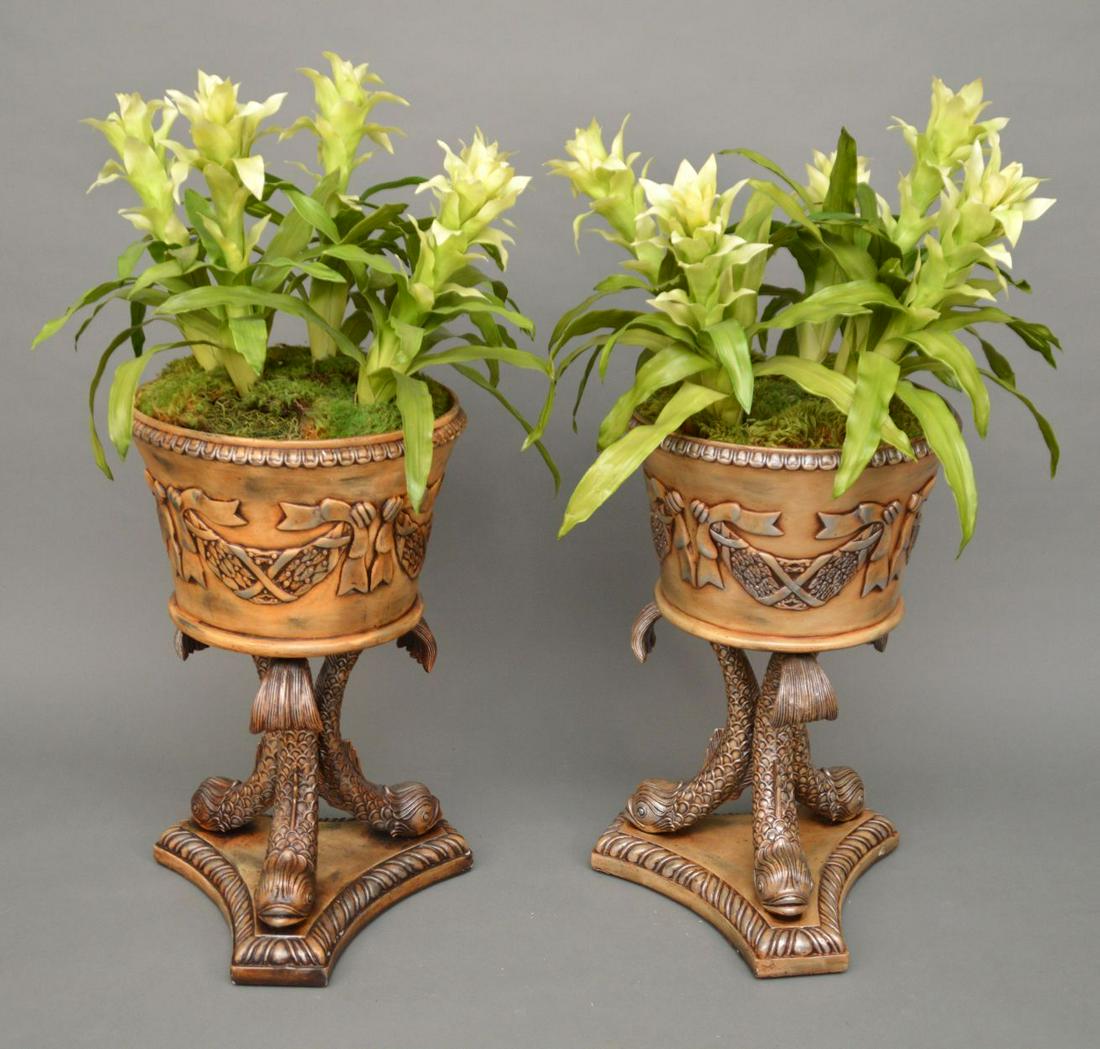 Pair of Interior Planters with Trifed Dolphin Bases: Pair of Interior Planters with Trifed Dolphin Bases with Faux Bromeliads, 25 1/2"h