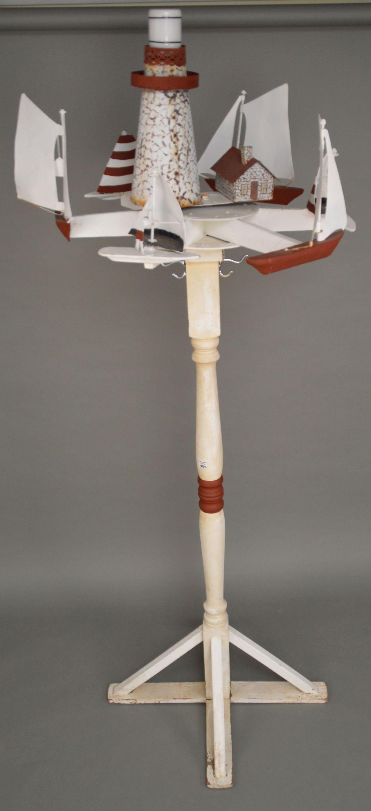 Folk Art 2 Pc. Whirligig with 6 Painted Metal: Folk Art 2 Pc. Whirligig with 6 Painted Metal Sailboats, Lighthouse in Center on Rotating Platform that Attaches to Column, 84"h