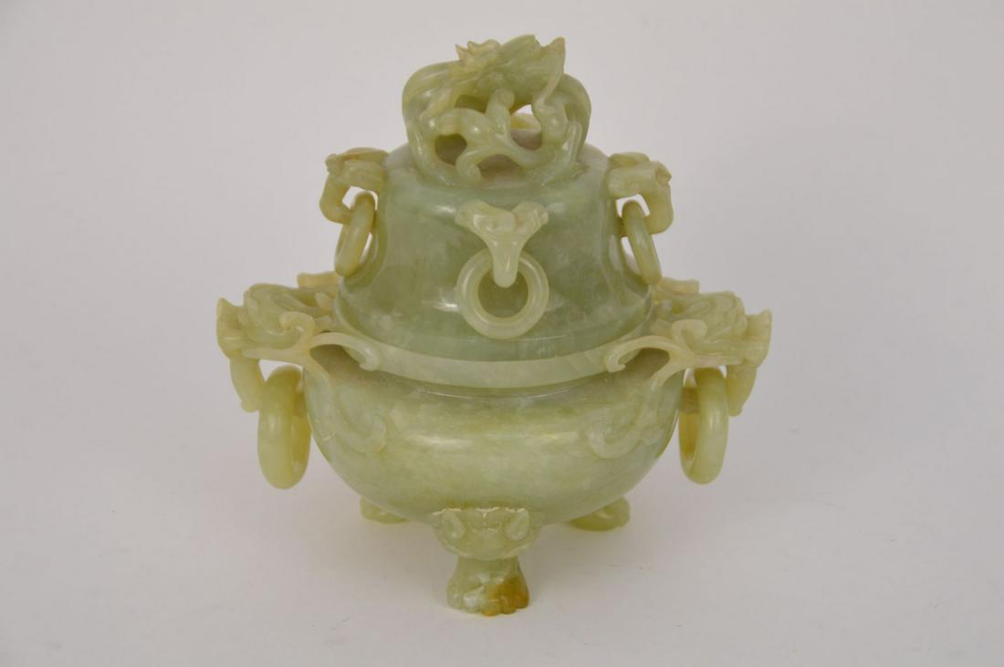 CHINESE CARVED JADE CENSERWITH FOO DOG HANDLES AND FOO (1 of 7)