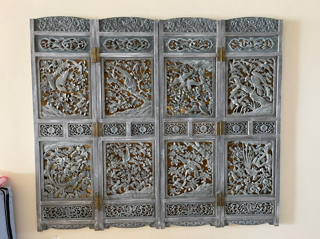Antique 4 Panel Screen, Carved Blue Silver Gray Color, (1 of 7)