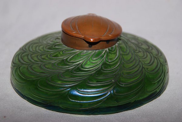 Loetz? Green art glass inkwell, lid impressed D.G.M.: Loetz? Green art glass inkwell, lid impressed D.G.M. A. K.K. OEST. PAT. A, 5 1/2"w