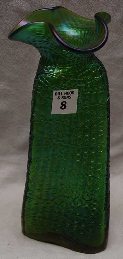 Loetz green glass vase trifed shape with folded rim,: Loetz green glass vase trifed shape with folded rim, 9 1/2"h