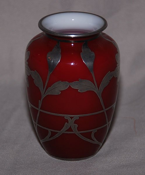Silver overlay red glass vase, 4 1/2"h: Silver overlay red glass vase, 4 1/2"h